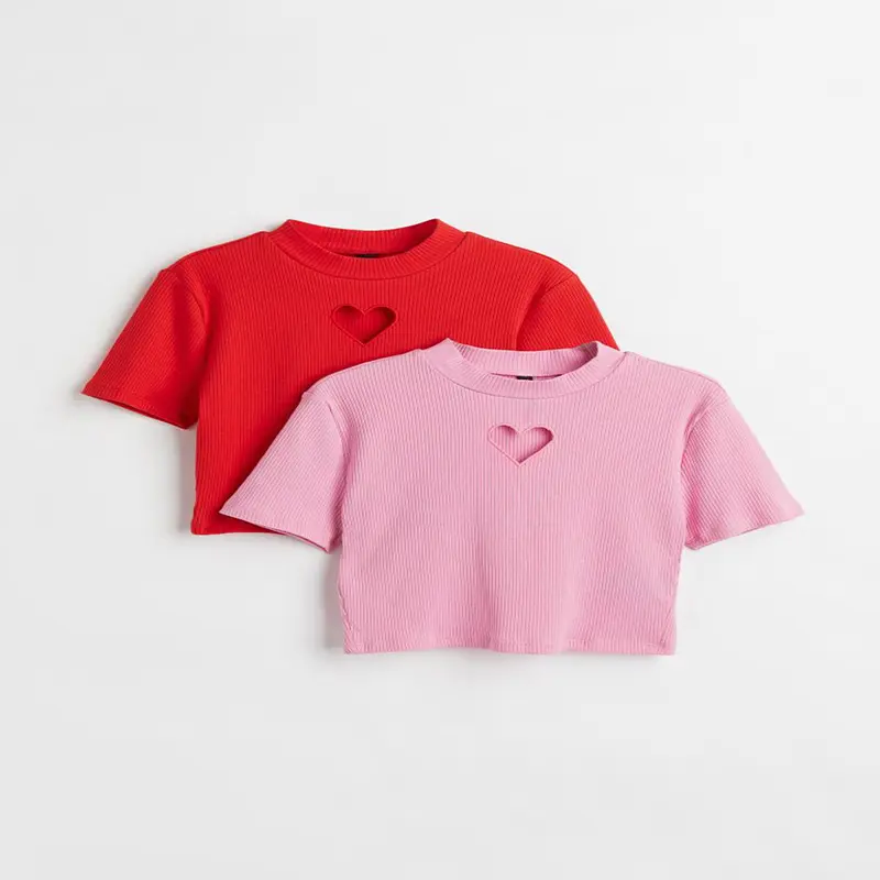 Hot Sale Summer Vintage Style Pink Heart-Shaped Cut-Out Hollow Short Sleeve Short Crop Top For Women Casual
