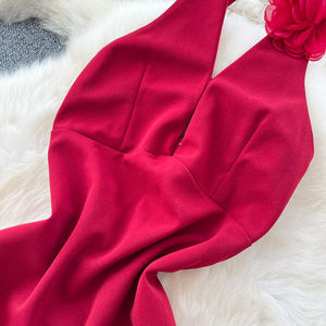 Красное сексуальное платье с цветочным принтом, женское летнее платье с V-образным вырезом и оборками с завязками на талии для пляжной вечеринки - Product Image 4