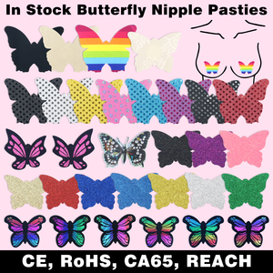 Cubrepezones con Forma de <span class=keywords><strong>Mariposa</strong></span> Listos para Enviar, Entrega Rápida, En Stock, MOQ Bajo, Pasties de Pecho Sexys con Brillo Arcoíris para Fiesta - Product Image 1