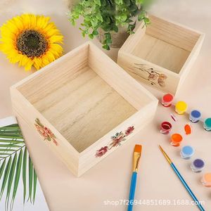 Solid Wood Storage Box <b>Square</b> Engraved Floral Design Desktop Organizer Decorative Gift Box Multi Functional <b>Bins</b> - Product Image 1