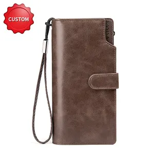 Cartera multifuncional de cuero genuino para hombre, billetera larga de diseñador de marca, billetera con cremallera