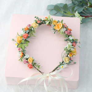 Simulation directe d'usine guirlande florale orange fête féerique coiffure de vacances papier rose bandeau couronne - Product Image 4