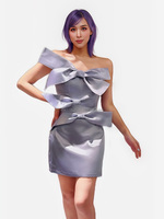 Puzidie Jupe courte sans bretelles avec nœud entièrement orné de diamants, pour spectacle, défilé de mode, soirée en boîte de nuit, costume de performance pour groupe féminin en vacances
