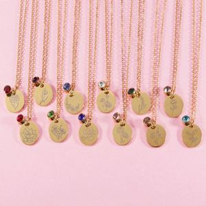Titanium Stainless Steel 18K Gold Plated Birthday Flower Stone Zodiac Engraved Circle Birth Flower Necklace - Product Image 1