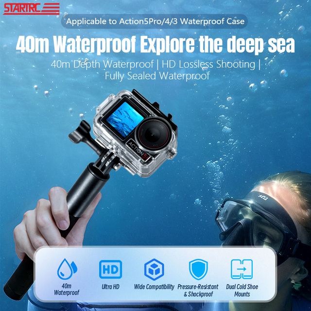 40M/131FT Plastic Waterproof Shock Resistant Anti-Fog Housing for Action 5 Pro/4/3 Underwater Photography Dive Accessories
