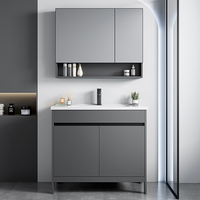 Ensemble de meubles de salle de bain sur pied en alliage d'aluminium moderne avec finition laquée, miroir intelligent, lavabo en céramique, robinet inclus - Étanche