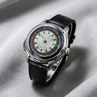 Montre-bracelet mécanique pour homme en cuir, avec verre minéral, style casino, diamant, bouton européen, pour le sport et le jeu de roulette analogique