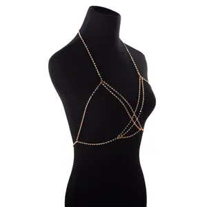 Plaj takı Bohemia buz Out Metal vücut zincirleri kadınlar için gümüş altın alaşım tam elmas çapraz meme zincirleri
