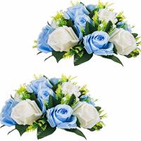1 bouquet de fleurs artificielles bleues, 15 têtes de roses artificielles, centre de table avec base pour mariage et fête
