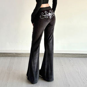 Pantalon de sport décontracté pour femme, coupe ample, patchwork en velours, devant plat, volants, style Y2K, jambe évasée basse, fermeture à cordon de serrage, écoresponsable - Product Image 4