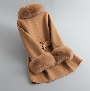 Abrigo de Cachemira negro al por mayor de fábrica con puños de cuello de piel de zorro Real, abrigo de piel elegante para mujer, gabardina mediana de lana - Product Image 6