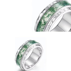 6mmワイドナチュラルモスアゲートリングスターリングシルバーS925ミニマリストグリーンストーンバンドエンゲージメントリング女性用 - Product Image 4