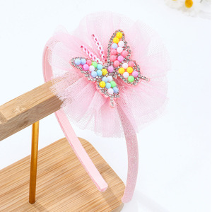 Diadema de mariposa de tul rosa para niños, con cuentas coloridas y diamantes de imitación, aro para el pelo de princesa, accesorios dulces para el cabello de niños para actuaciones - Product Image 4
