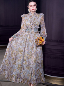 Abito Lungo in Chiffon a Sette Colori Stile <span class=keywords><strong>Palazzo</strong></span> per il Ramadan 2026 con Collo Alto, Maniche Lunghe Arricciate e Ampia Gonna - Product Image 6