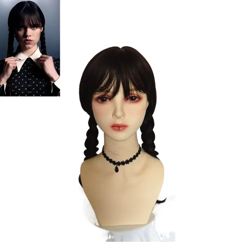 Women Black Wednesday Addams Family Cosplay Movie Long Braided Hair Braids Bangs Wig Halloween Party Wigs Costumes Accessories