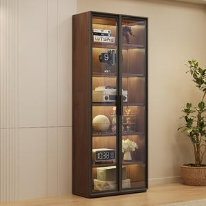 Libreria in Legno Massello con Ante in Vetro per Soggiorno, 5 Ripiani, Acciaio Inossidabile Regolabile, Mobile Moderno da Terra Antipolvere - Product Image 1