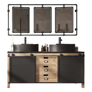 Best product Solid Oak Wood Black Quartz Burnished Iron Mirror Industrial Composition For Bathroom