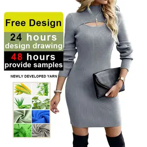 Autumn Grey Patchwork Sweetheart Neck Cut Out Front Bodycon Pleats Viscose Elegant See Through Knit Lady Sweater Mini Dress