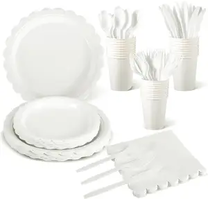 175 adet beyaz tabaklar ve peçeteler parti malzemeleri, 25 konuk beyaz taraklı kağıt tabaklar tek beyaz parti malzemeleri Set