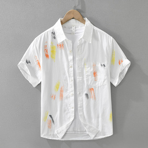 Chemise à manches courtes pour homme, coupe ample, en pur coton, légère, respirante, imprimé graffiti artistique, chemise décontractée, quotidienne, plage, streetwear, haut - Product Image 1