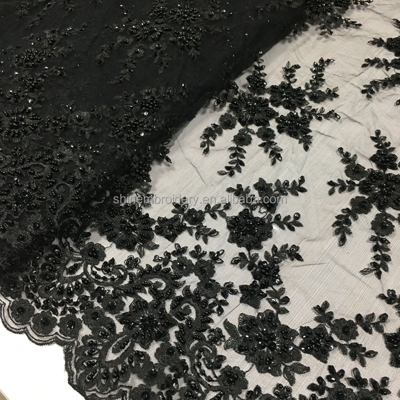 热销黑色蕾丝厚重手工串珠亮片刺绣薄纱面料晚礼服或派对