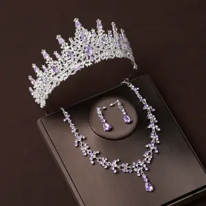 Vente en gros de diadème en cristal 3 pièces/ensemble ensemble de boucles d'oreilles collier bijoux pour princesse filles diadème de mariage pour la fête d'anniversaire de la mariée