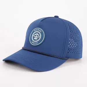 Custom 5 Panel Rubber Pvc Logo Rope Baseball Cap Waterproof Laser Cut Hole Perforated Hat Performance Sports Dad Hat