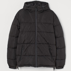 Custom Logo <b>Men's</b> Hooded Puffer Jacket Solid <b>Black</b> Windproof Polyester Winter Casual Zipper Closure Thick Quilted Regular Fit - Product Image 2