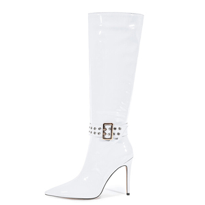 Bottes longues à talon aiguille brillant taille 47, ajustement large, avec boucles métalliques, pour femme - Product Image 4