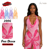 Anjie Custom OEM ODM Gaun Pantai Wanita Motif Bunga dengan Tali Leher, Produsen Grosir Label Pribadi untuk Resor