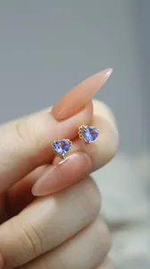 Xinfly Classic Lace Edge Court Style Au750 Fine Jewelry Wholesale 18K Real Gold Heart Shape <b>Blue</b> Tanzanite <b>Stud</b> <b>Earrings</b> - Product Image 4
