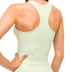 Nylon spandex Rib Fabric women crop singlet with bra built white sports crop tanks for yoga gym wear