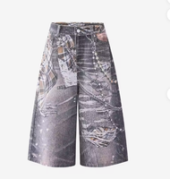 Culottes Y2K Cyberpunk décontractées à jambe large, imprimé denim trompe-loup, patchwork numérique haute densité, motif écossais, chaîne, effet usé, taille haute