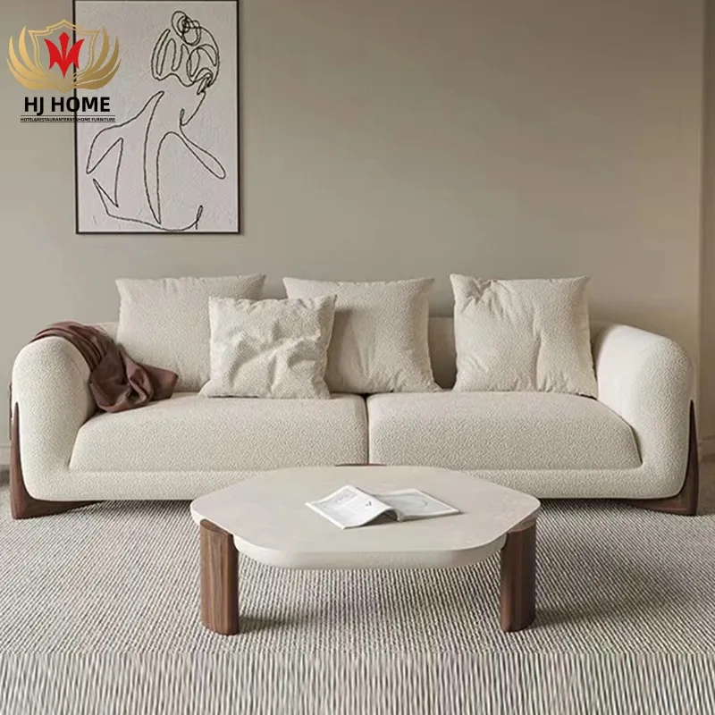 Furnitur Foshan siap kirim harga murah Sofa Modern 3 kursi ruang tamu Sofa kain kasmir putih tiga kursi