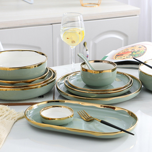 Service de table en porcelaine fait main personnalisable, luxe royal, <span class=keywords><strong>vert</strong></span> clair avec bordure dorée, assiettes en céramique pour restaurant - Product Image 4