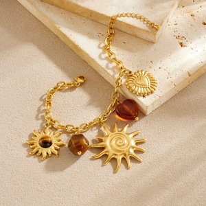 Sun Pendant Gold Plated Necklace <b>Set</b> With Tiger Eye Heart Charm Women's Fashion Jewelry Party Wear - Product Image 3