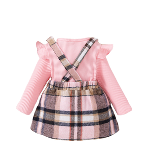Ropa Infantil sin Impuestos en EE. UU., Conjunto de Dos Piezas para Niñas, Primavera-Otoño, Top Rosa de Manga Larga y Falda a Cuadros - Product Image 1
