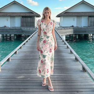 Retro Floral Print Ruffle Midi Dress V Neck Women Flowy Slim Fit Elegant Vacation Casual Summer Dress - Product Image 2