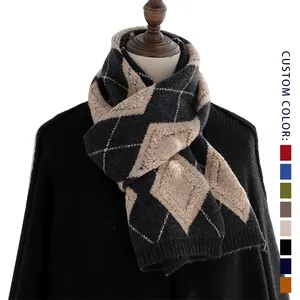 OEM trendy men jacquard knit scarf chenille argyle pattern custom unisex alpaca woolen polyester chunky knitted scarves