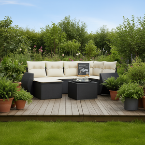 ชุดโซฟาหวายสีขาวครีมและดำ พร้อมเบาะรองนั่ง 6 ที่นั่ง เฟอร์นิเจอร์กลางแจ้ง ดีไซน์ร่วมสมัย - Product Image 2