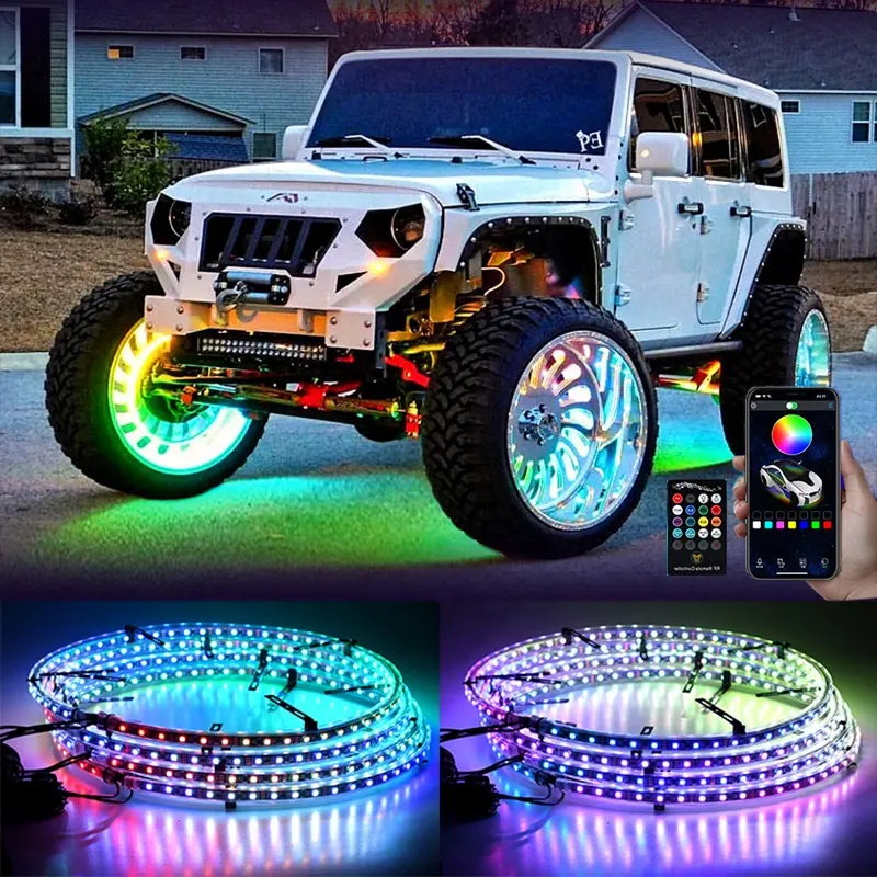 Kit lampu cincin lampu LED, Kit lampu roda SUV, mobil truk, strip lampu roda LED, pelek Rgbw, Neon, 15.5 inci 17.5"
