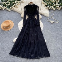 Robe longue décontractée pour femme, élégante, en dentelle brodée, à manches longues, coupe trapèze, avec cordon de serrage à la taille, pour tous les jours et les soirées