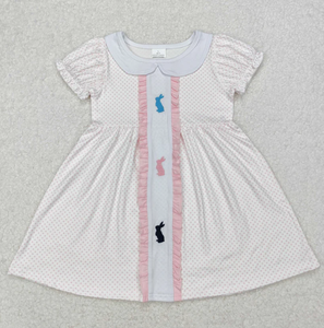 Vestido de Pascua para Niñas con Bordado de Conejito de Pascua y Estampado de Puntos Rosas, Manga Corta para Verano, con Mono a Juego - Product Image 2