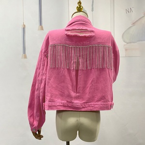 ODM OEM marca privada Fall Winer Vintage rasgado Jean Shacket Rhinestone Fringe Denim Jacket Mujer - Product Image 5