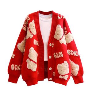 Cardigan en tricot à col en V pour <span class=keywords><strong>femme</strong></span>, motif ours 3D floqué et lettres, manches longues, coupe ample, <span class=keywords><strong>veste</strong></span> décontractée mignonne pour le printemps et l'automne - Product Image 3