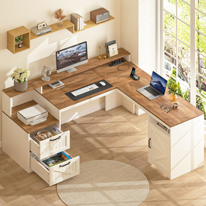 Bureau de direction en forme de <span class=keywords><strong>L</strong></span> de style ferme, directement de <span class=keywords><strong>l</strong></span>'usine, bureau de bureau en forme de <span class=keywords><strong>L</strong></span> avec support pour écran, étagère pour imprimante, bureau d'ordinateur d'angle - Product Image 1