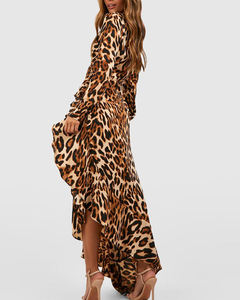 Personnalisé 2024 automne hiver dame une pièce imprimé animal sexy coton à volants à manches longues léopard décontracté robe midi femme vêtements - Product Image 6