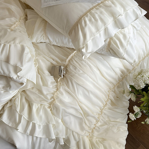 French Princess Style Cotton <b>Bedding</b> <b>Set</b> 4 Pcs Bubble Pleated Edge Duvet Cover Home Use Solid Color Breathable - Product Image 4