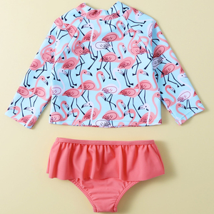 Vêtements de protection <span class=keywords><strong>UV</strong></span> pour bébé, hauts à manches longues imprimés flamant rose pour fille, bas à volants, maillot de bain personnalisé, maillots de bain pour enfants, bikinis, vêtements de plage - Product Image 2