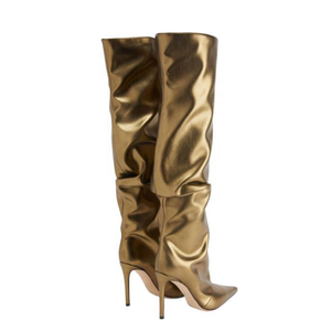 Gold Pleated Upper on Shoes <b>High</b> Thin Heels Pointed Toe Slouchy Long Boots Women's <b>Knee</b> <b>High</b> Booties - Product Image 6